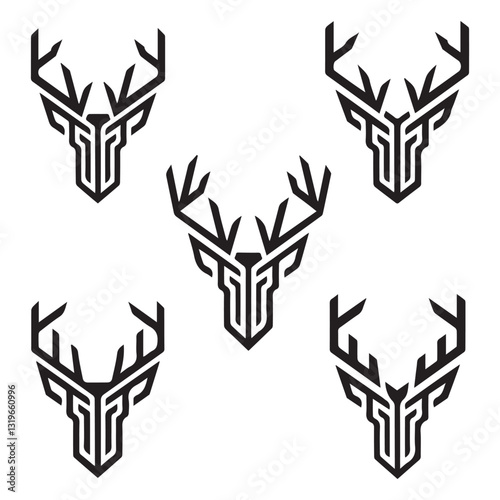 Deer head vector silhouette icon illustration. Set of deer head silhouettes for symbol, icon, and logo design. Deer horns, antlers. Vector graphics. Front view. Flat design style