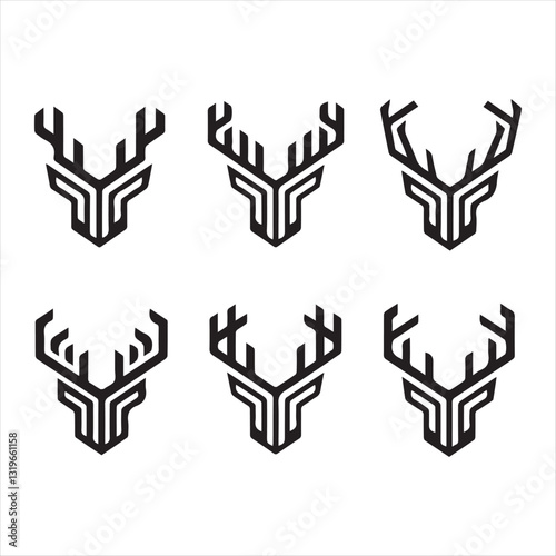 Deer head vector silhouette icon illustration. Set of deer head silhouettes for symbol, icon, and logo design. Deer horns, antlers. Vector graphics. Front view. Flat design style