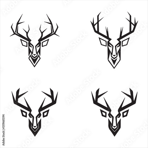 Deer head vector silhouette icon illustration. Set of deer head silhouettes for symbol, icon, and logo design. Deer horns, antlers. Vector graphics. Front view. Flat design style