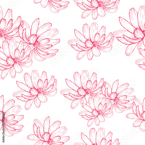 daisy Flower Vector Seamless Pattern Pink Color Graphics Doodle Hand Drawn Illustration on white background Base for Wedding Design Postcards Textile tableware and printing