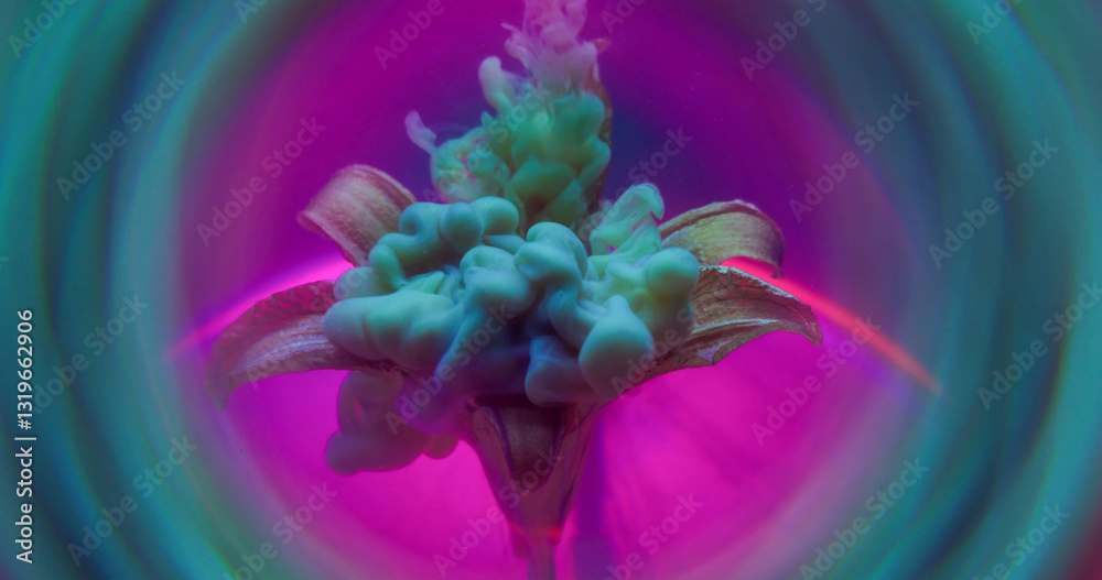 Fototapeta premium Ink vapor. Flower smoke. Art fluid spill on fresh lily natural petals. Haze multicolor dye blend on neon purple gleam circle background.