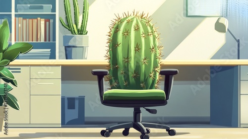 A cartoonish image of a cactus chair in a room with a desk. The scene has a playful and whimsical mood photo