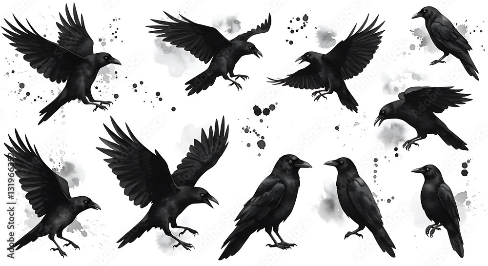 Set of watercolor black crows on white background.
Set of watercolor black crows on white background.