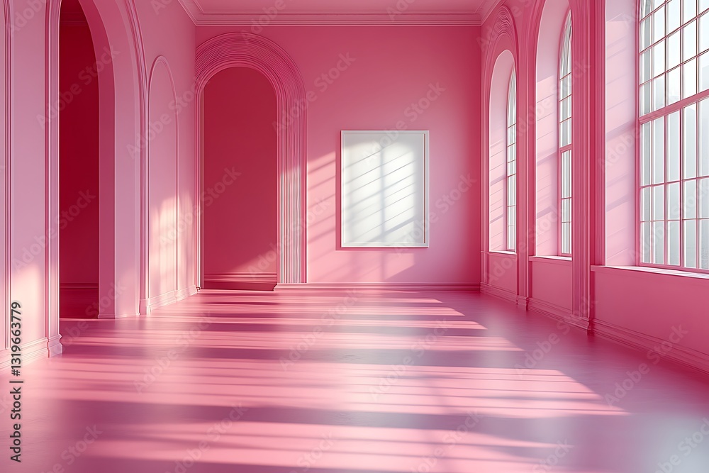 Fototapeta premium Sunlit Pink Room Interior Design with Arched Windows and Mockup Frame