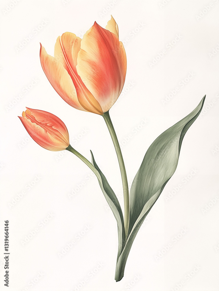 Fototapeta premium Elegant watercolor illustration of blooming tulips in warm tones