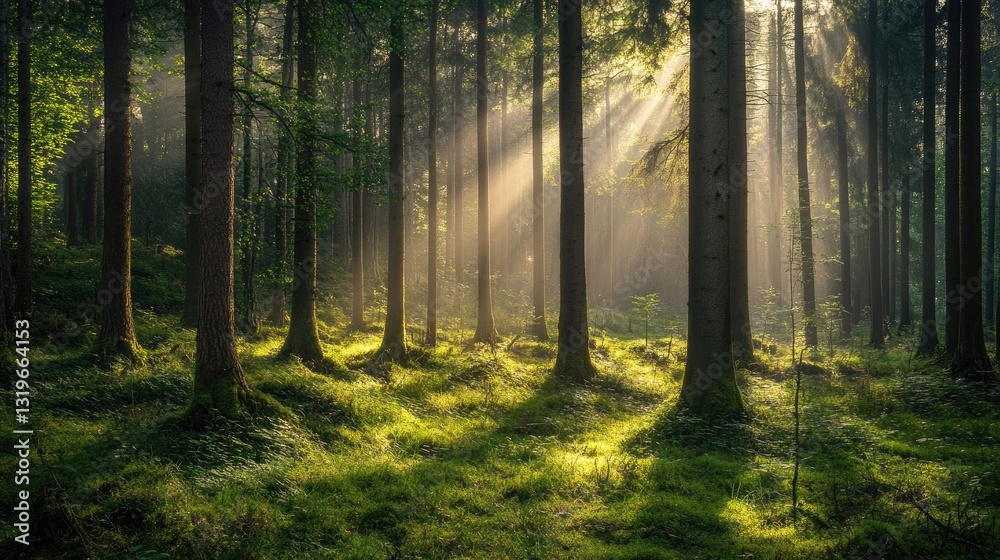 Obraz premium Sunbeams Dancing Through an Enchanting Forest