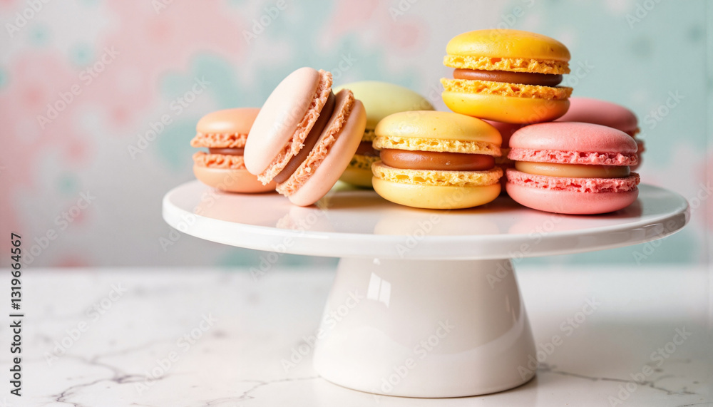 Fototapeta premium Colorful macarons displayed on cake stand in pastel kitchen, sweet delight