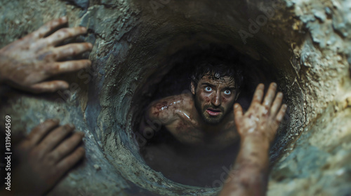 Joseph being thrown into a dark, empty well by his jealous brothers, with fear and shock on his face. Close up on Joseph face and hands while he holds not to fall.