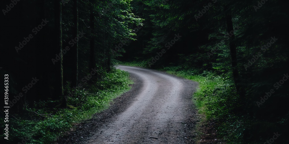 Fototapeta premium Winding gravel road weaving through shadowy forest depths, revealing secluded woodland path with mysterious woodland atmosphere