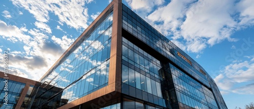 A large building with a lot of windows and a blue sky in the background