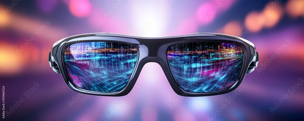 A pair of futuristic sunglasses reflecting vibrant digital visuals, set against a colorful, illuminated background, suggesting a blend of technology and style. A pair of futuristic sunglasses reflecting vibrant digital visuals, set against a colorful, illuminated background, suggesting a blend of technology and style.