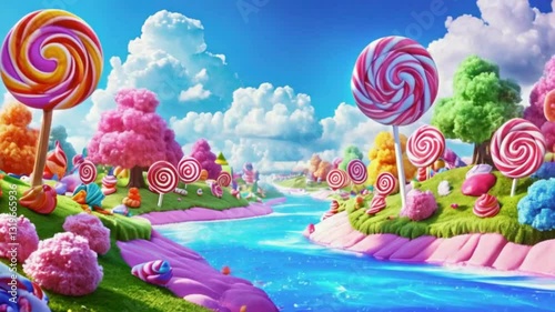 Candyland Fantasy Landscape with Lollipop Trees and Candy River