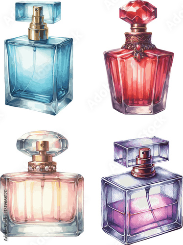 Collection of Watercolor vector illustrations of elegant perfumes