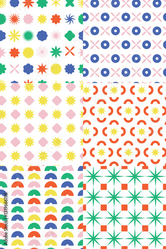 Collection of happy colorful modern patterns with abstract shapes