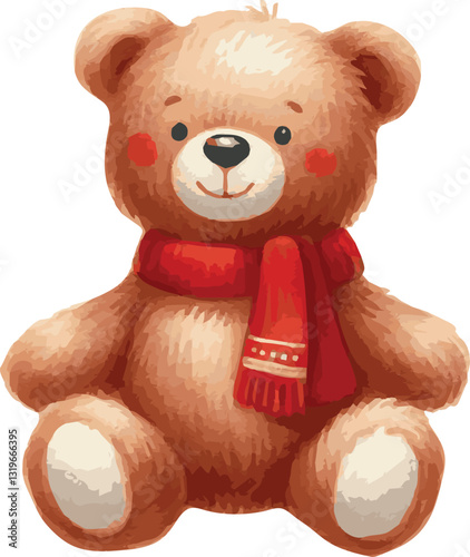 Watercolor vector illustration of a brown cute teddy bear

 in a red scarf