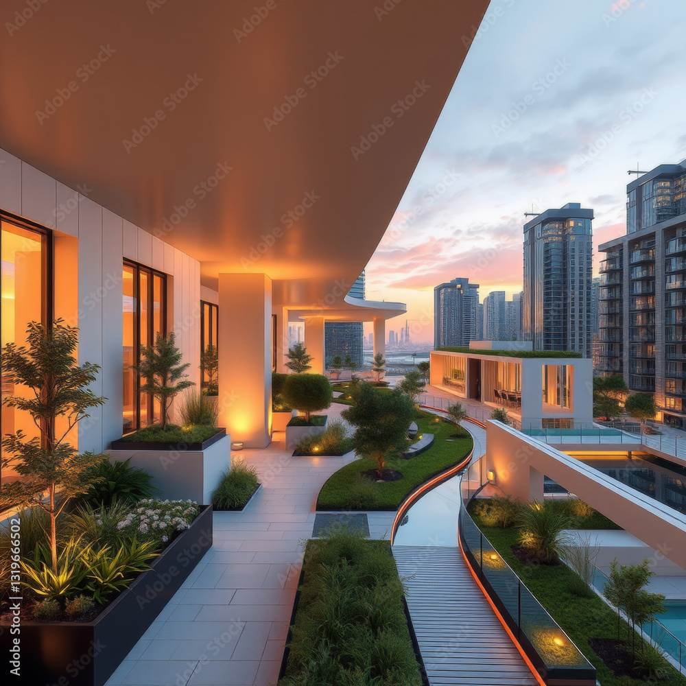 Fototapeta premium Modern Rooftop Garden with City Skyline at Sunset, Urban Architecture and Green Space