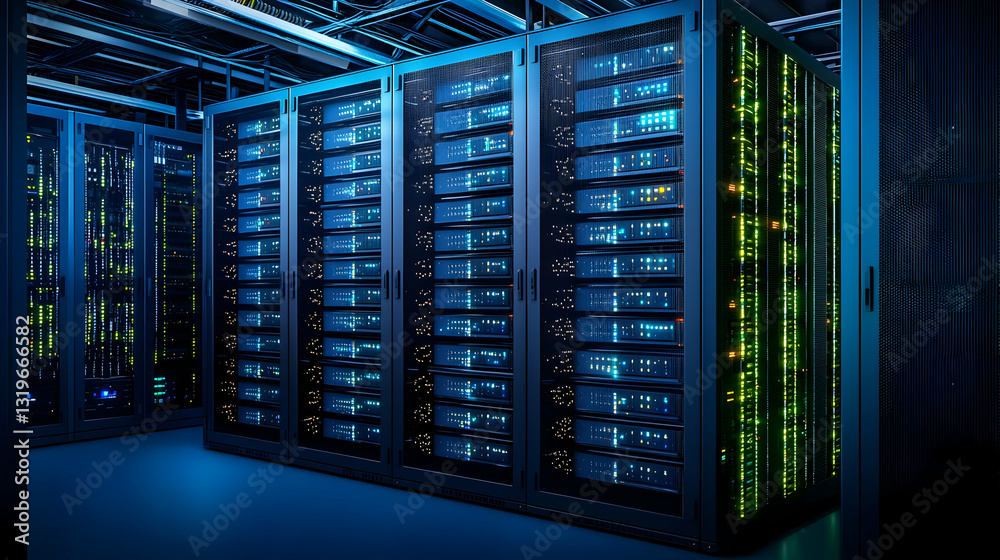 Illuminated Server Racks In Data Center With Blue And Green Lights Reflecting Digital Technology And Information Systems Illuminated Server Racks In Data Center With Blue And Green Lights Reflecting Digital Technology And Information Systems