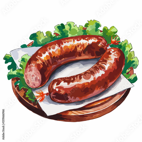 Watercolor Illustration of Smoked Sausages on a Wooden Plate