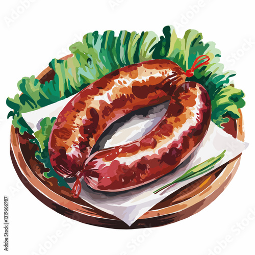 Watercolor Illustration of Smoked Sausages on a Wooden Plate