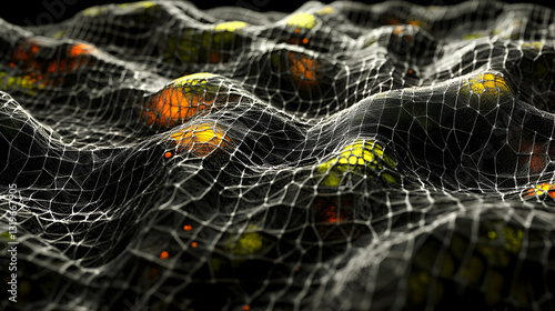 Abstract Mesh Network,  Glowing Nodes Interconnect Dynamically Across a Wavy Surface. Digital Art, Technological Concept.