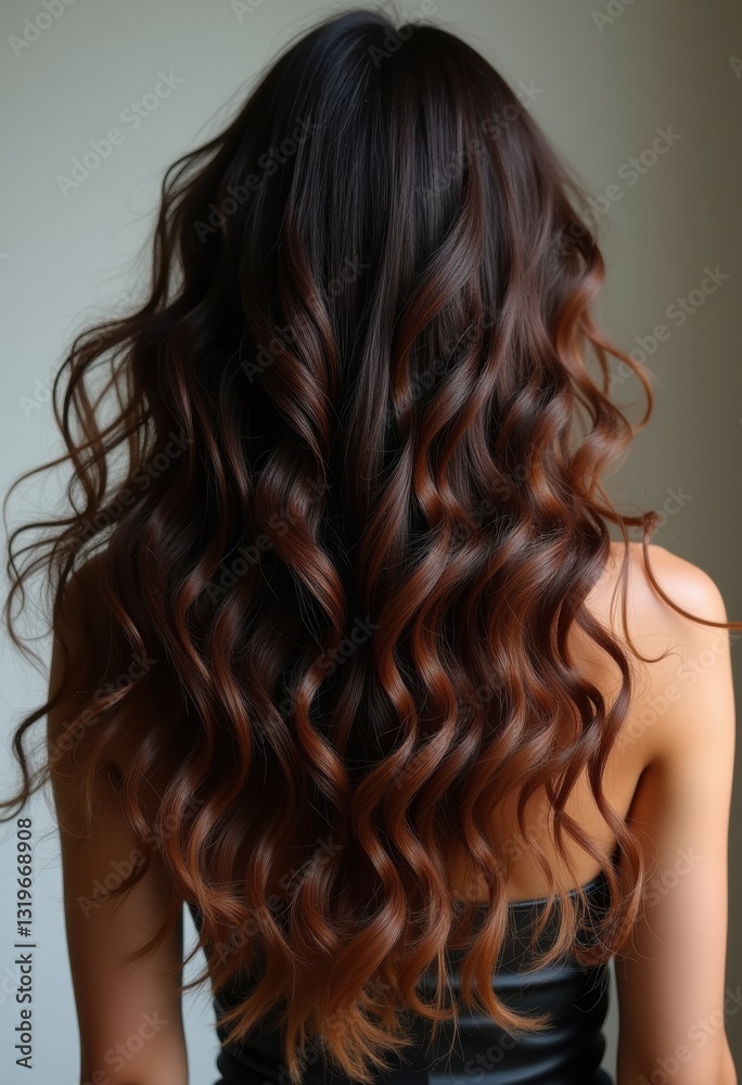 Elegant, wavy hair cascading down the back, showcasing rich, warm tones that enhance its natural beauty. Elegant, wavy hair cascading down the back, showcasing rich, warm tones that enhance its natural beauty.