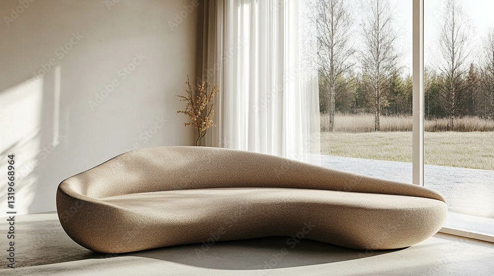 Modern and curved sofa in light brown color in front of a bright and white window with a spring landscape view