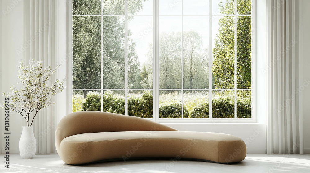 Modern and curved sofa in light brown color in front of a bright and white window with a spring landscape view
