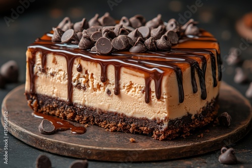 Chocolate Chip Dessert: A delectable slice of cake with dripping caramel and dark chocolate A sweet treat for any occasion!