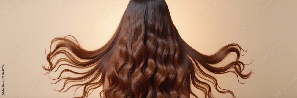 Fototapeta premium Flowing, wavy hair in warm brown tones captures elegance and beauty, perfect for hair care, fashion, and beauty marketing or editorial use.
