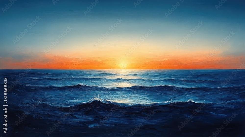 Fototapeta premium Serene sunset over calm ocean waves, reflecting vibrant colors in the sky