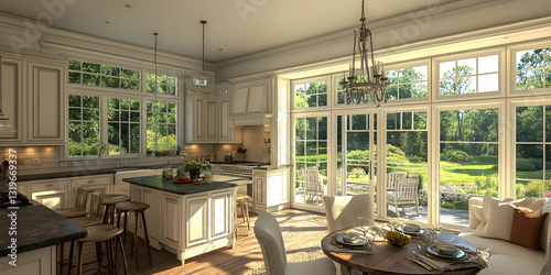 Sunlit Kitchen with Garden View, Elegant Design & Ample Space.  Features a breakfast nook overlooking lush greenery, creating a serene atmosphere.