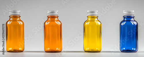 Four Colorful Glass Bottles with Silver Caps:  Essential Oils, Perfumes, or other Liquids Stored Securely and Beautifully.