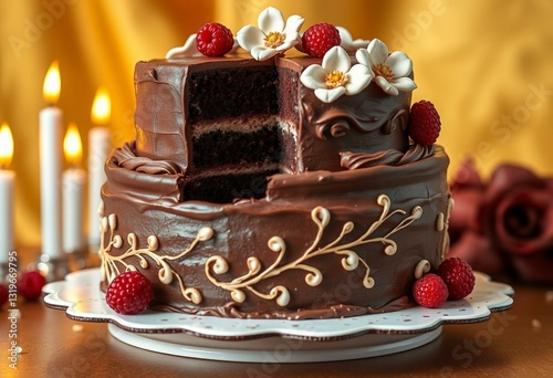 Delicious multi-tiered chocolate cake with intricate piping and sugar flowers