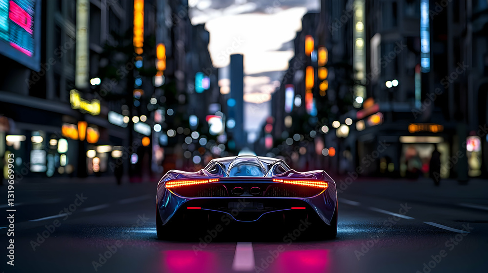 Naklejka premium Rear View Of A Sports Car Driving Down A Lit Urban Street At Night With Neon Lights And Reflections