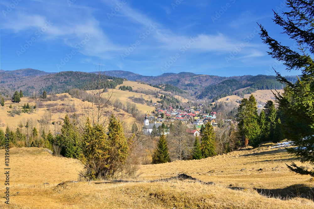 Early spring view of the little mountain village Jaworki at the foot of the Pieniny and Beskid Sadecki Mountains, Poland Early spring view of the little mountain village Jaworki at the foot of the Pieniny and Beskid Sadecki Mountains, Poland