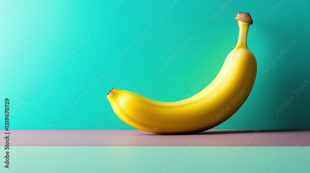 A bright yellow banana stands prominently against a soft turquoise background, creating a playful contrast that highlights the fruit's cheerful appearance. A bright yellow banana stands prominently against a soft turquoise background, creating a playful contrast that highlights the fruit's cheerful appearance.