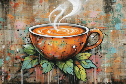 Vibrant Artistic Coffee Cup Illustration with Steaming Hot Beverage and Leaf Motif on Colorful Graffiti Background | Modern Vector Art Design Inspiration