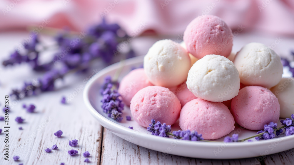 Fototapeta premium A plate filled with small pink candies garnished with lavender flowers on a wooden surface.