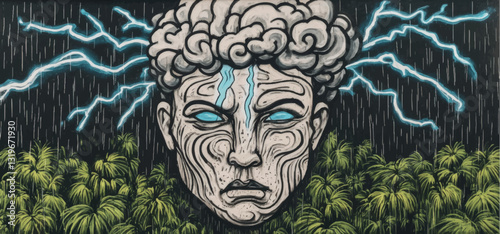 Mystical Stone Face with Lightning in Rainy Jungle - Vector Art of Thunderous Storm and Ancient Sculpture Amidst Lush Green Foliage and Blue Electric Sky