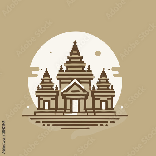 Stylized illustration of ancient temple structures against a circular background