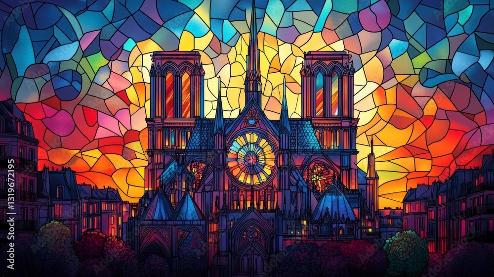 Obraz premium Colorful stained glass Notre Dame at sunset