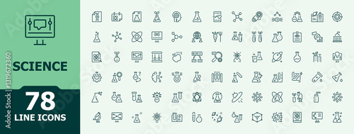 Science icon collection. Contains outline symbols like scientific, biotech, biotechnology, research, biology, scientist, bio, laboratory. Lab icons. Minimalist vector icon and illustration.