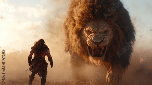 The scene of a warrior facing a giant lion depicts the struggle between human and beast, highlighting themes of bravery, danger, and primal instinct. photo