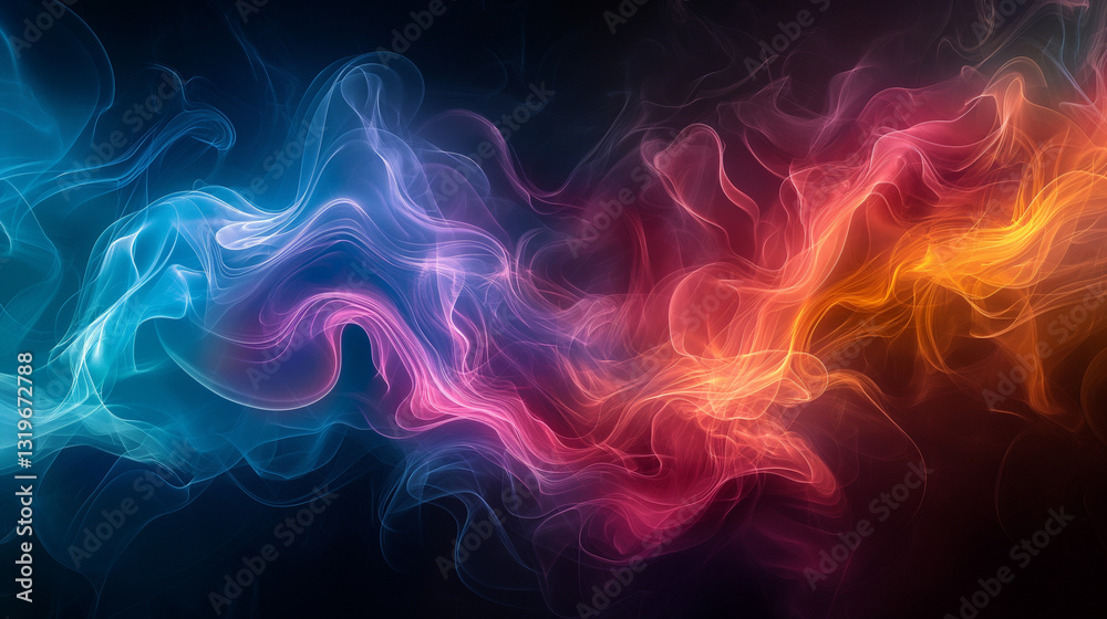 Glowing smoke swirls on a black background, blending vibrant colors into fluid, luminous tendrils with soft, ethereal light. Glowing smoke swirls on a black background, blending vibrant colors into fluid, luminous tendrils with soft, ethereal light.