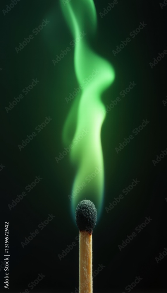 A close-up of a lit matchstick producing vibrant green smoke, creating an artistic and captivating visual effect against a dark background. A close-up of a lit matchstick producing vibrant green smoke, creating an artistic and captivating visual effect against a dark background.