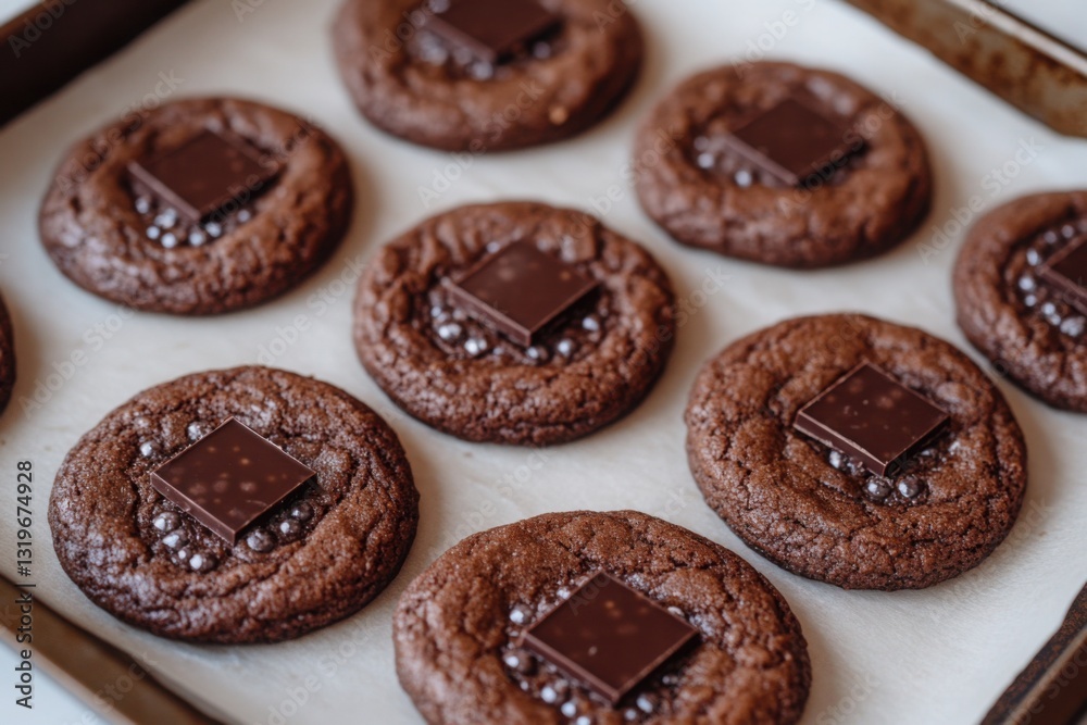 Freshly baked chocolate cookies with chocolate square topping on a tray perfect for dessert lovers and sweet treats Freshly baked chocolate cookies with chocolate square topping on a tray perfect for dessert lovers and sweet treats