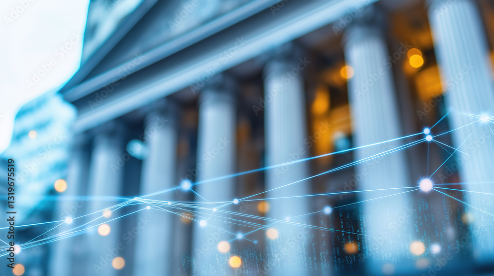 Naklejka premium Neoclassical architecture intersects with digital financial network visualization. 