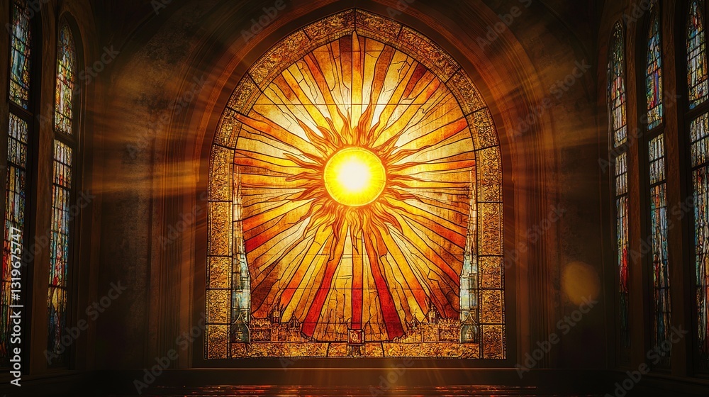 Obraz premium Radiant Sunburst: A Stunning Stained Glass Window Design, perfect for spiritual, religious, or fantasy projects. Vibrant colors and intricate details 