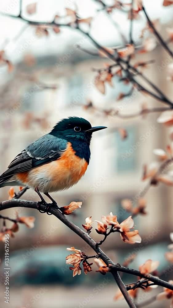 Vibrant bird perched on a blossoming branch amidst a soft-focus urban background Vibrant bird perched on a blossoming branch amidst a soft-focus urban background