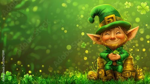 Elf with golden bells for St. Patrick's Day on light green background with copy space.	